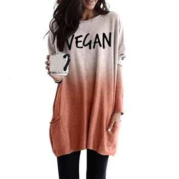 

New Fashion Gradient Long Sleeve Pocket T-Shirt T-Shirt For Women Vegan Letters Print Tshirt Harajuku Top Plus Size