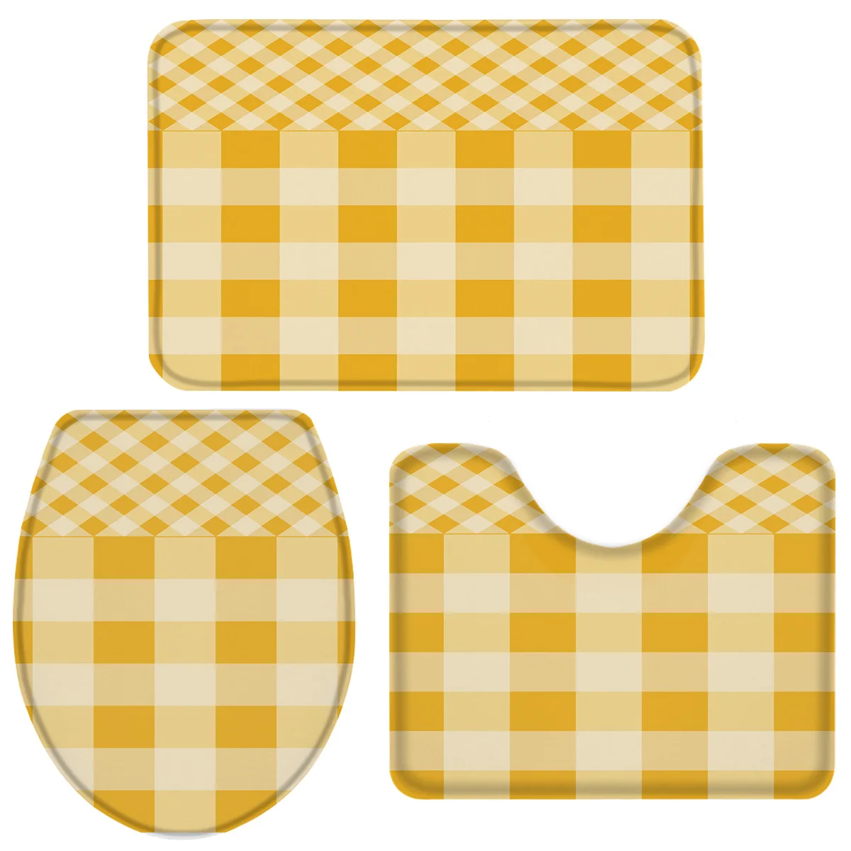 3 Pieces Bathroom Set Yellow Check Stripe Square Stitching Bath Toilet Cover Mat Pedestal Rug Non-Slip | Дом и сад