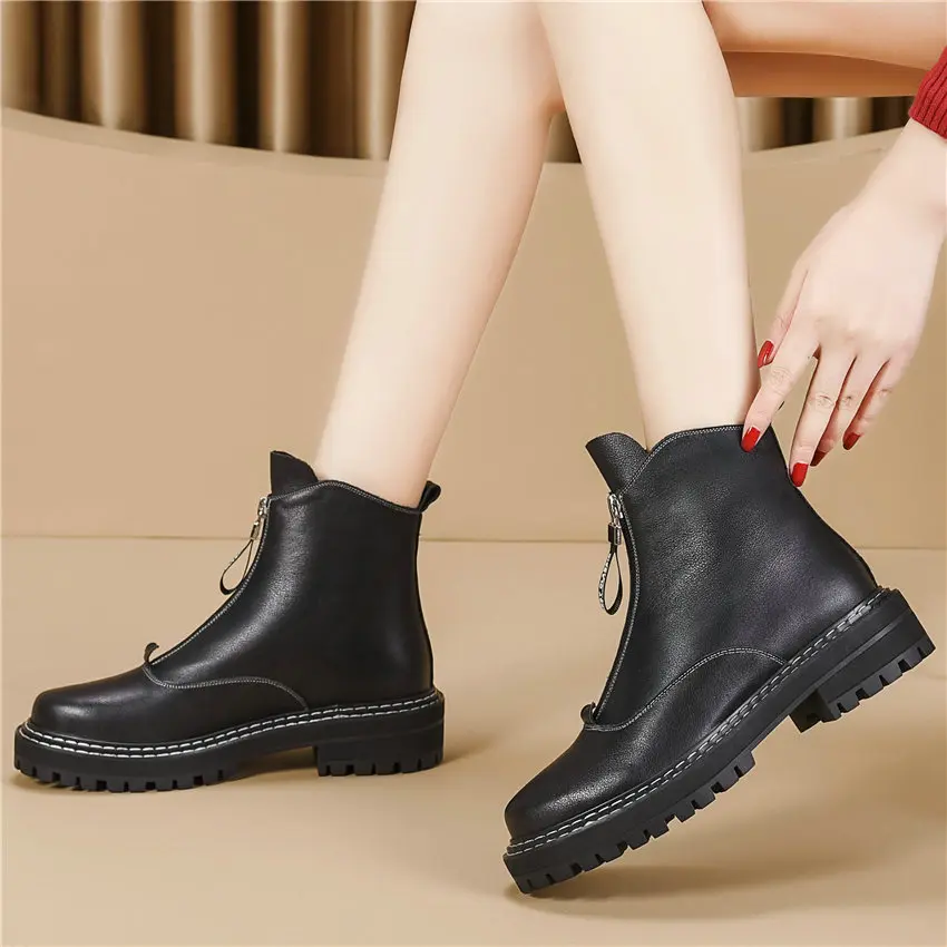 

Chic Booties Women Black Beige Genuine Leather Low Heel Round Toe Military Riding Boots Med Top Punk Goth Platform Pumps Shoes