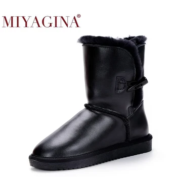 

Top Quality 100% Genuine Cowhide Leather Snow Boots Natural Fur Botas Mujer Winter Real Wool Shoes For Women