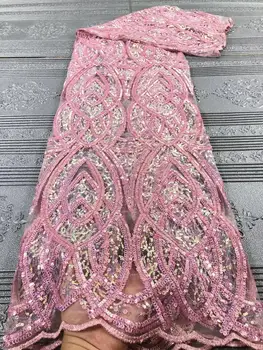 

2020 Latest Sequins African lace Fabric Embroidery French Lace Fabric For Wedding Nigerian pink Tulle Lace Fabric with sequin