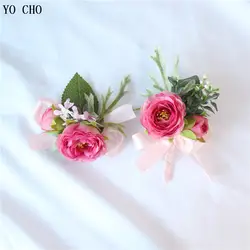 YO CHO Шелковый цветок Жених булавка для бутоньерки Свадебный корсаж на запястье браслет броши цветок Свадебный невесты корсаж цветок