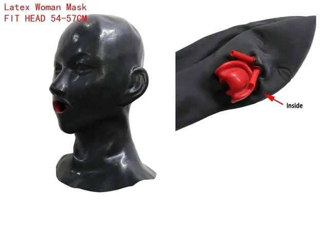 0.6mm Mould Full Head Latex Mask Fetish Open Closed Eye Rubber Hood with Red Mouth Teeth Lip Sheath Tongue Nose Tube 54-57cm close eye short tube