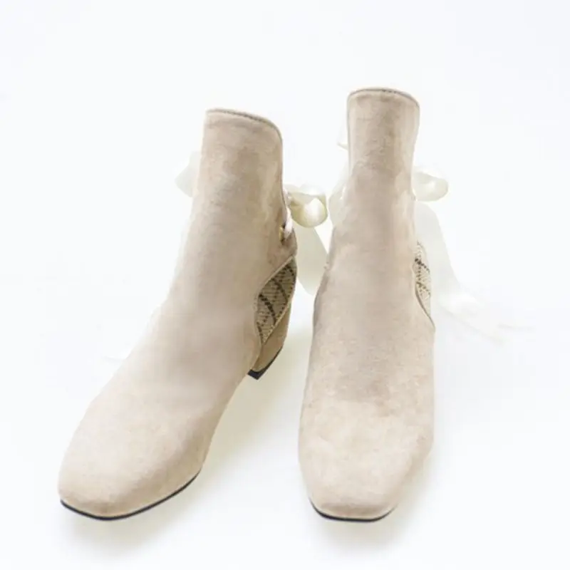 SIMLOVEYO Sweet Women Square Toe Gingham Solid Square Heel Warm Ribbon Lace up Soft Flock Boots Butterfly-knot Size 32-48 Casual - Цвет: Apricot velvet