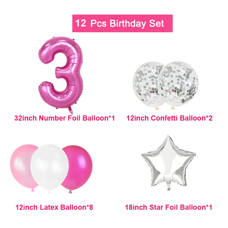 12pcs Pink Number Foil Balloon Birthday Party Decoration Latex Balloons Kids Baby Girl 1 2 3 4 5 6 7 8 9 Years Old 1st Birthday