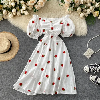 

2020 New Arrivals Summer Dress Women Slash Neck Frensh Strawberry and Pineapple Embroidery Puff Sleeve Dresses Lace-up Vestidos