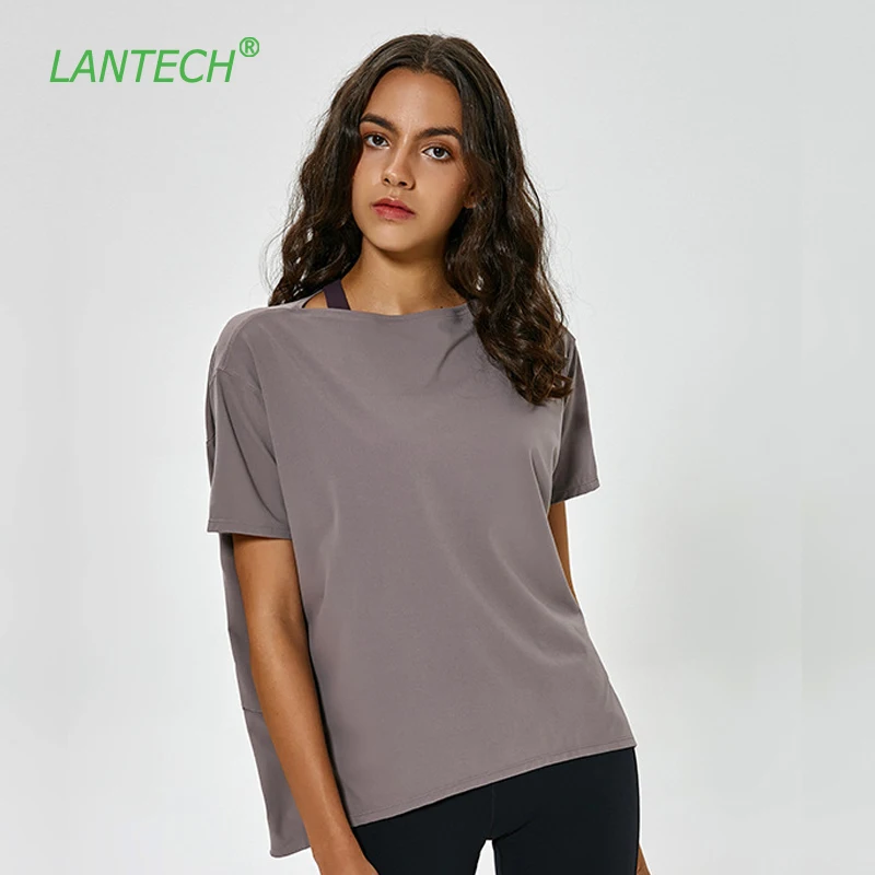 

LANTECH Women Naked-feels Fabrics Loose Fit Gym Workout T-shirt Breathable Plain Fitness Sport Running Short Sleeved Shirts Tee