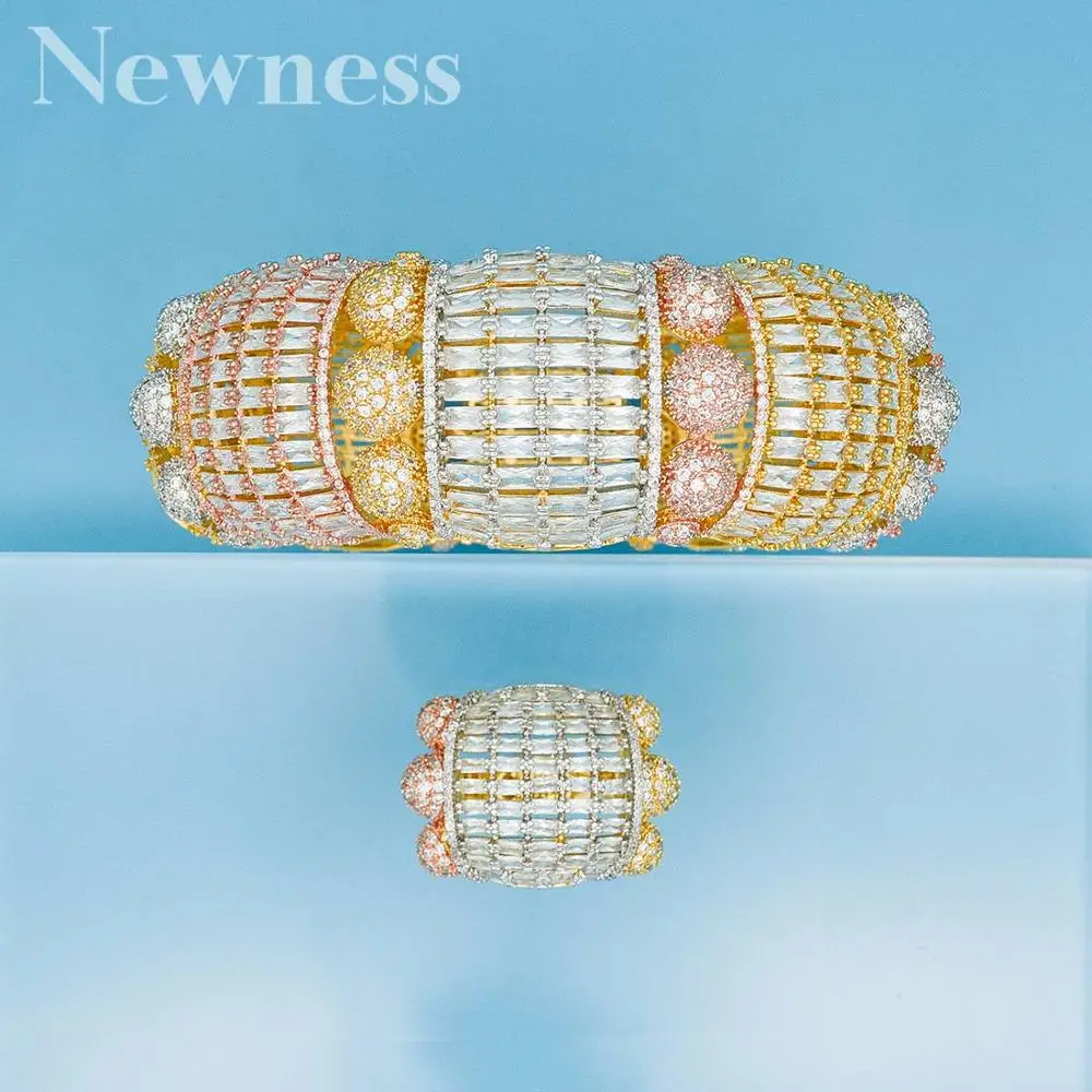 

Newness Luxury Big Delicate Bangle Ring Set For Women Full Micro Cubic Zircon Pave Party Wedding Saudi Arabic Dubai Jewelry
