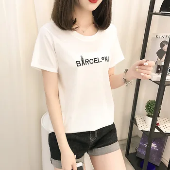 

Women Tops Gold Shining Letter Printing Gray Top Tee Casual Short Sleeve O Neck Woman Clothing