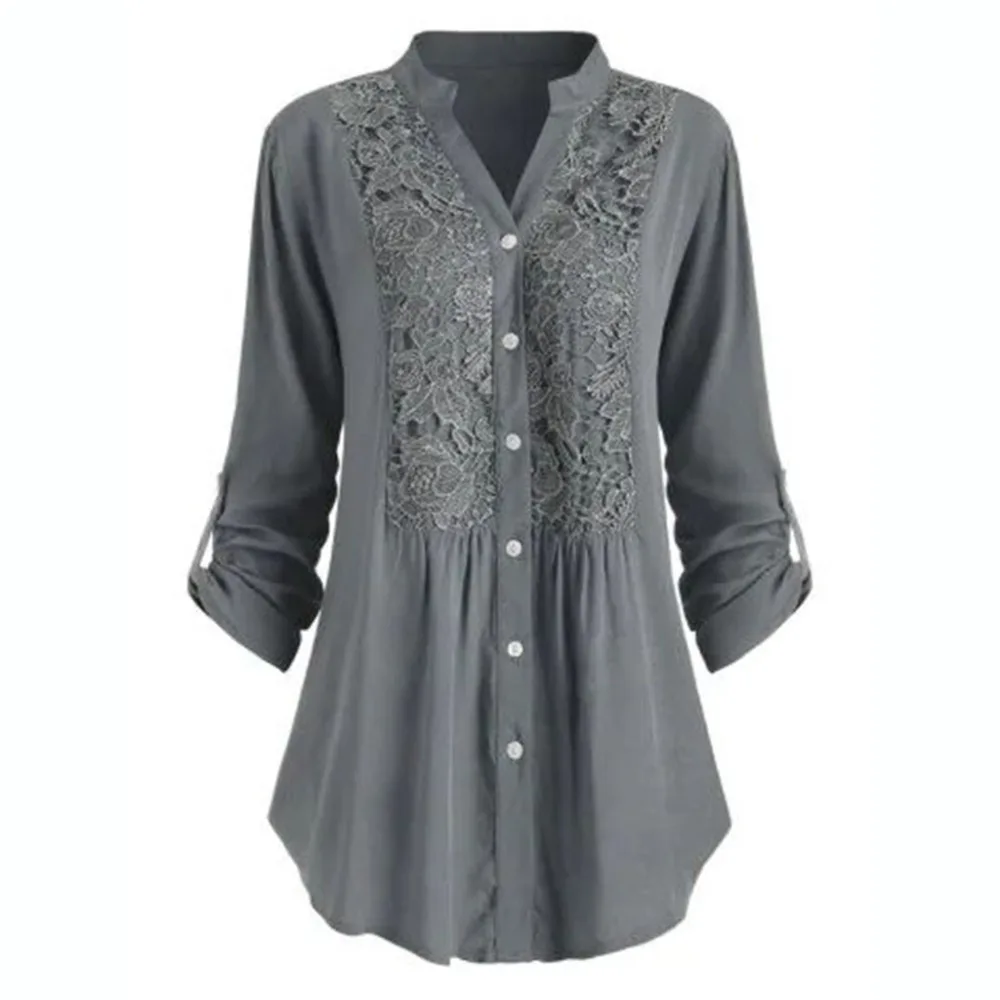 Женская блузка размера плюс, блузка женская, лето-осень, топы и блузки на пуговицах, кружева, v-образный вырез, длинный рукав, рубашки,#3