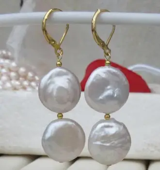 

PAIR OF 17-18MM SOUTH SEA AAA++ WHITE COIN PEARL DANGLE BAROQUE EARRING 14k/20 GOL