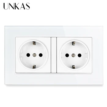 

UNKAS 2 Gang EU Standard Socket Gray Tempered Crystal Glass Panel 146mm * 86mm Wall Grey Grounded With Child Protective Outlet