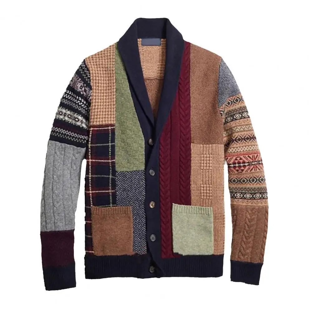Jersey de punto de manga larga para hombre, cárdigan de botones de diseño tipo Patchwork étnico, Otoño e Invierno