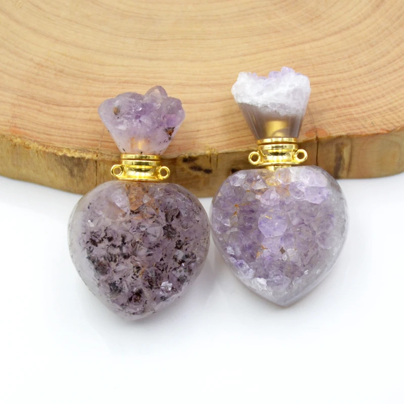 natural Amethysts Druzy Gems stones Gold-plated vial LOVE Heart Perfume Bottle pendant diffuser Crystal Charms for Necklaces | Украшения и