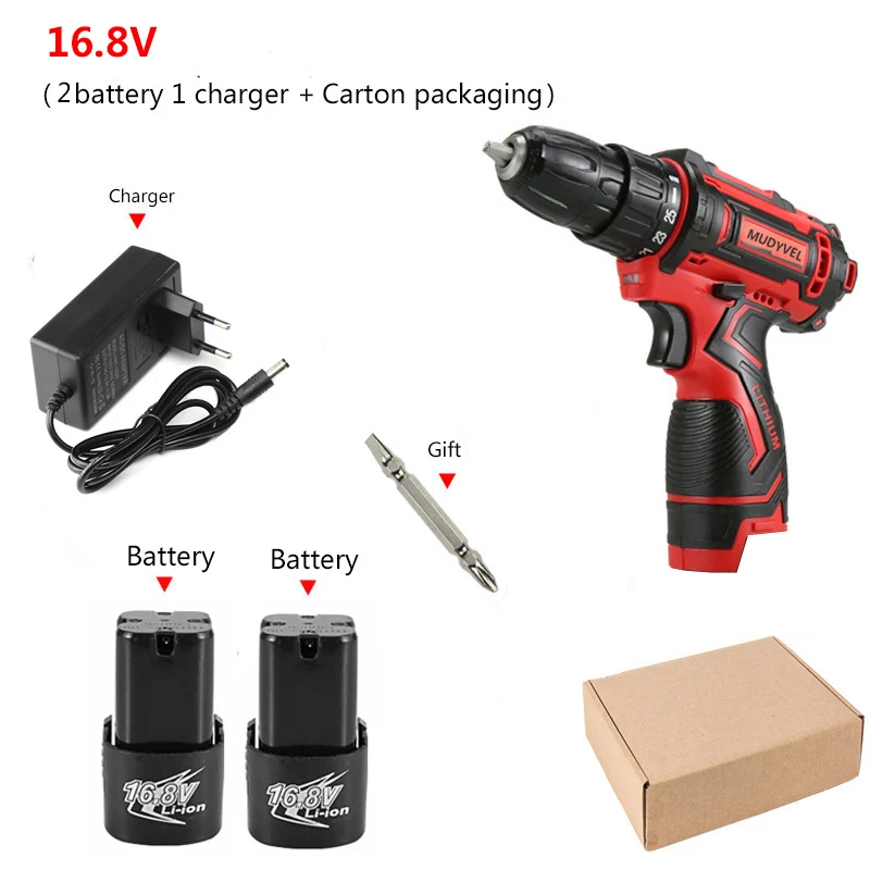 16V 2 battery Carton Электрическая отвертка аккумуляторная дрель электрическая мини Мощность инструменты Перезаряжаемые Батарея Беспроводной Dremel 3/8-дюймов 2-Скорость - Цвет: 16V 2 battery Carton