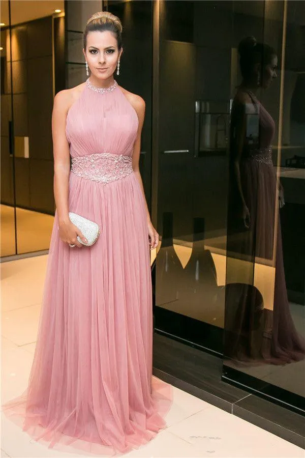 

Elegant Pink High Neck Evening Gown Fashionable Beaded Floor Length Tulle Evening Dresses Berta 2020 Cheap Prom Dresses Vestidos