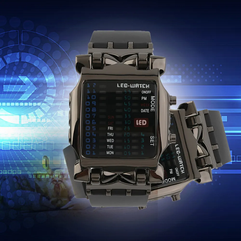 2020 New Fashion Men Outdoor Sport LED Digital Binary Watches Popular Square Dial Uisex  Rubber Band Casual Wrist Watch Relogio