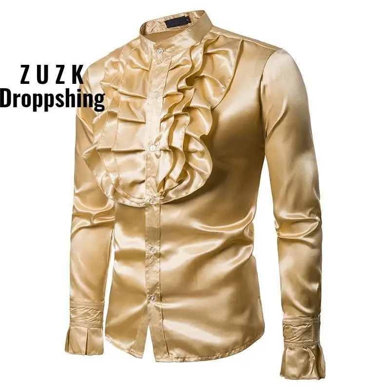 Purple Silk Satin Shirt Men Unique Designe Vintage Wedding Tuxedo Shirt Man Long Sleeve Slim Fit Gothic Shirt Male Chemise Homme