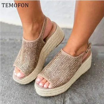 

TEMOFON platform sandals wedges shoes for women rope peep toe black heels summer ladies shoes retro sandals dress shoes HVT1109