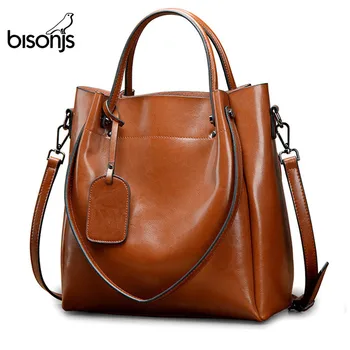 

BISONJS Leather Luxury Handbags Women Bags Designer Female Fashion Big Tote Messenger Crossbody Shoulder Bag For Women B1486