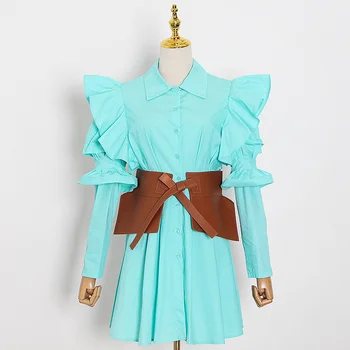 

Elegant Patchowrk Ruffle Women Shirt Dress Lapel Long Sleeve High Waist With Sashes Dresses Female 2020 Summer New