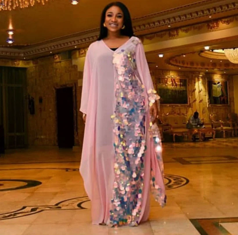 

Dashiki African Dresses for Women Sequins African Clothes Elegant African Dashiki Dress Robe Femme Pink Wide Evening Dress 2019