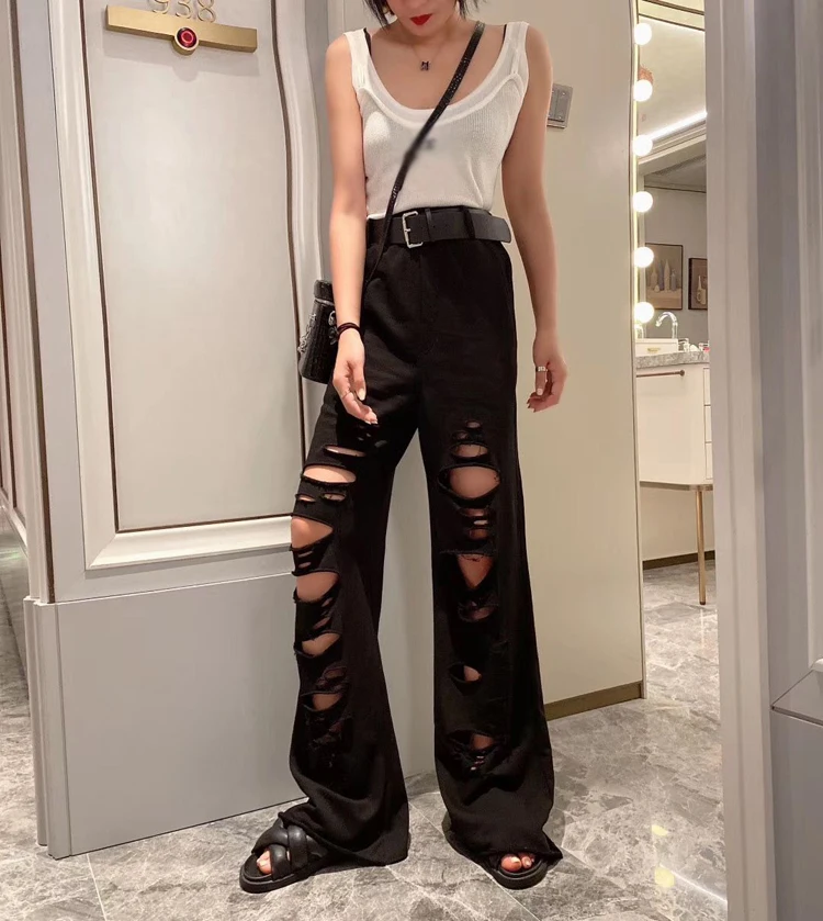 Vefadisa 6 Style Women Holes Wide Leg Pants 2020 Summer Women High Waist Straight Pants Female Plus Size Slim Pants ZQY242B