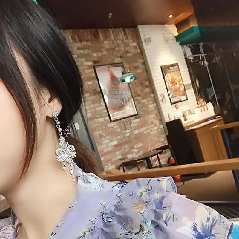 MENGJIQIAO корейские новые роскошные Красочные Стразы Висячие серьги для женщин элегантный цветок кисточкой Длинные вечерние ювелирные изделия