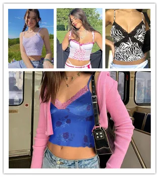 

Sexy Lace Print Camis Women Sling V Neck Slim Fit Club Holiday Casual Crop Tops Tank Tops Streetwear Homewear