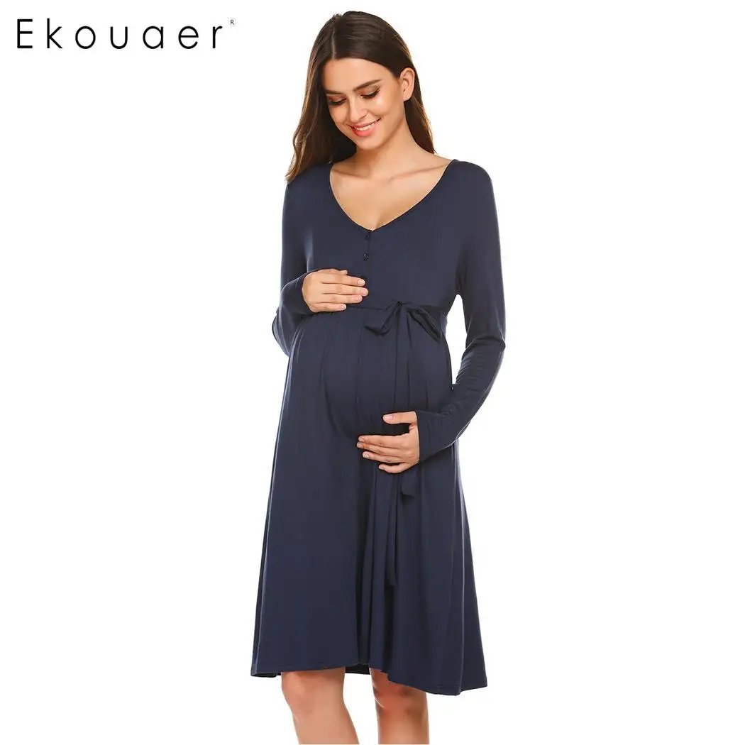 

Ekouaer Women Long Sleeve Sleepwear Nightgown Button Nursing Pregnant Soft Nightdress Spring Autumn Homewear Sleepshirts Dress