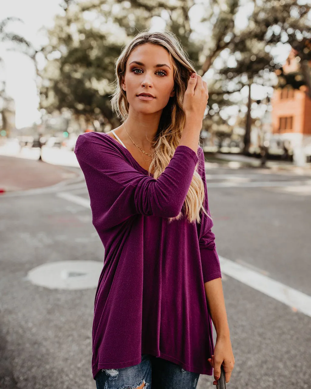 Casual Purple Khaki V Neck Women Loose T Shirt Tops Fall 2019 Fashion Long Sleeve | Женская одежда