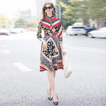 

Spring 2020 New Women'S High Quality Workplace Party Casual Beach Vintage Print Stitching Elegant Chic Fashion Slim Dress