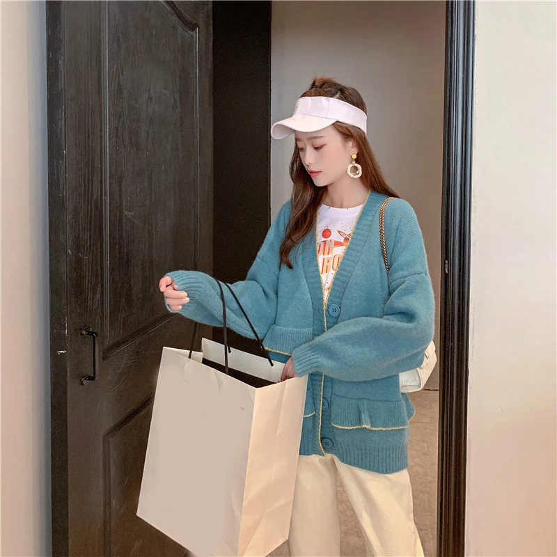[EAM] Button Ruffles Spliced Big Size Knitting Sweater Loose Fit V-Neck Long Sleeve Women New Fashion Autumn Winter JZ108