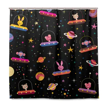 

Unique Shower Curtain Cute Animals in Space Kids Pattern Eco-Friendly with 12 Hooks in Bathroom W72 xH84