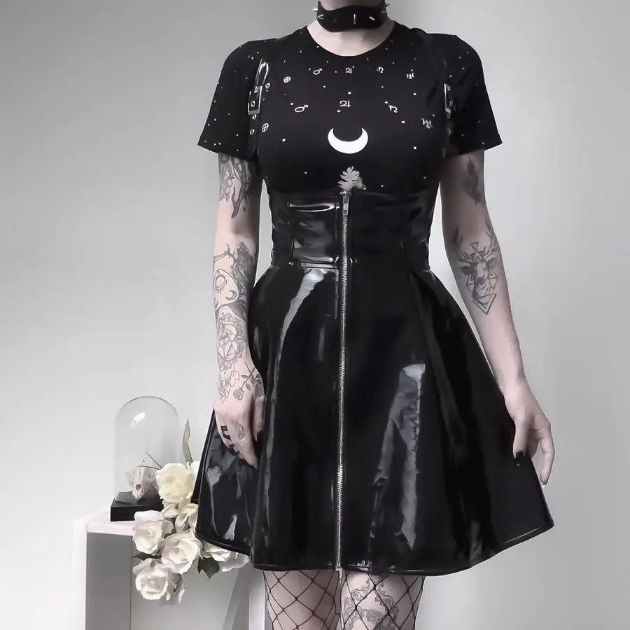 YZBZJC Женская Панк ПВХ темная стильная юбка женский наряд с завязками с кожаным ночным клубом Сексуальная черная мини-юбка - Цвет: Черный