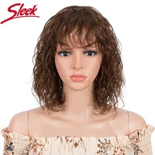 Sleek Human Hair Wigs For Women Short Curl Brazilian Hair Wigs Water Wave Wigs With Bangs 10 Inch 180 Density Pixie Cut Wig