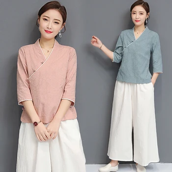 

2020 chinese traditional tang suit traditional chinese clothing set women hanfu camisole uniform chinese cotton linen set