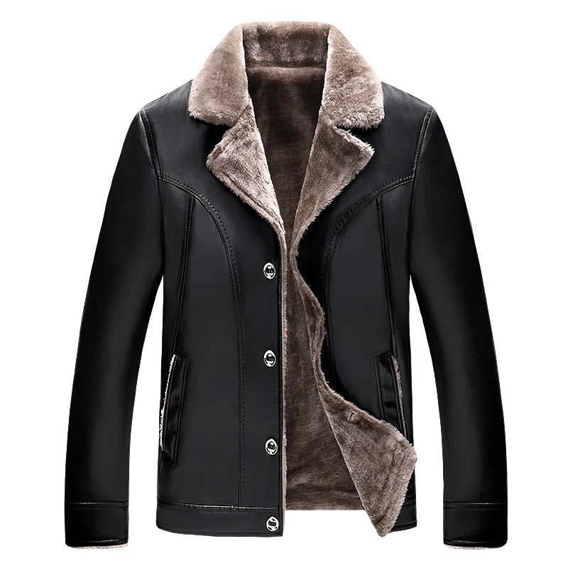 

ChangNiu Black PU Leather Jackets Men Mid-Aged Faux Fur Inside Autumn Winter Warm Leather Jackets Coat With Pockets Full Sleeve
