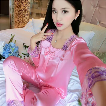 

Foply 2PCS Satin Faux Silk Women's Pajamas Sets Summer Long Sleeve Shirts Pants Casual Square Collar Bow Women's Pajamas Set
