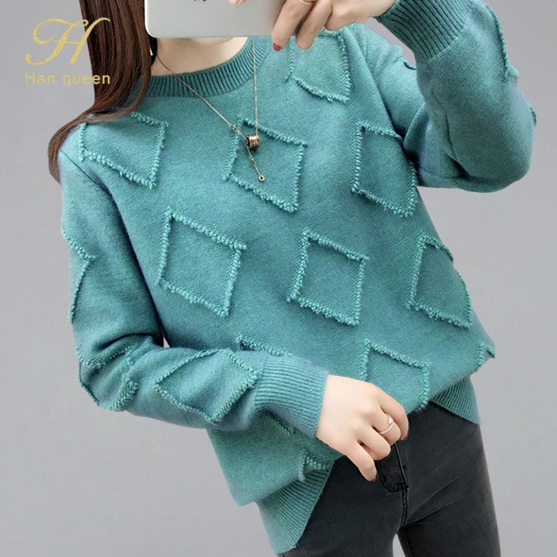 

H han queen Autumn Winter Jumper Argyle Pullovers Sweaters Women Long Sleeve Korean Loose Female 2019 Fashion Knitted Sweater