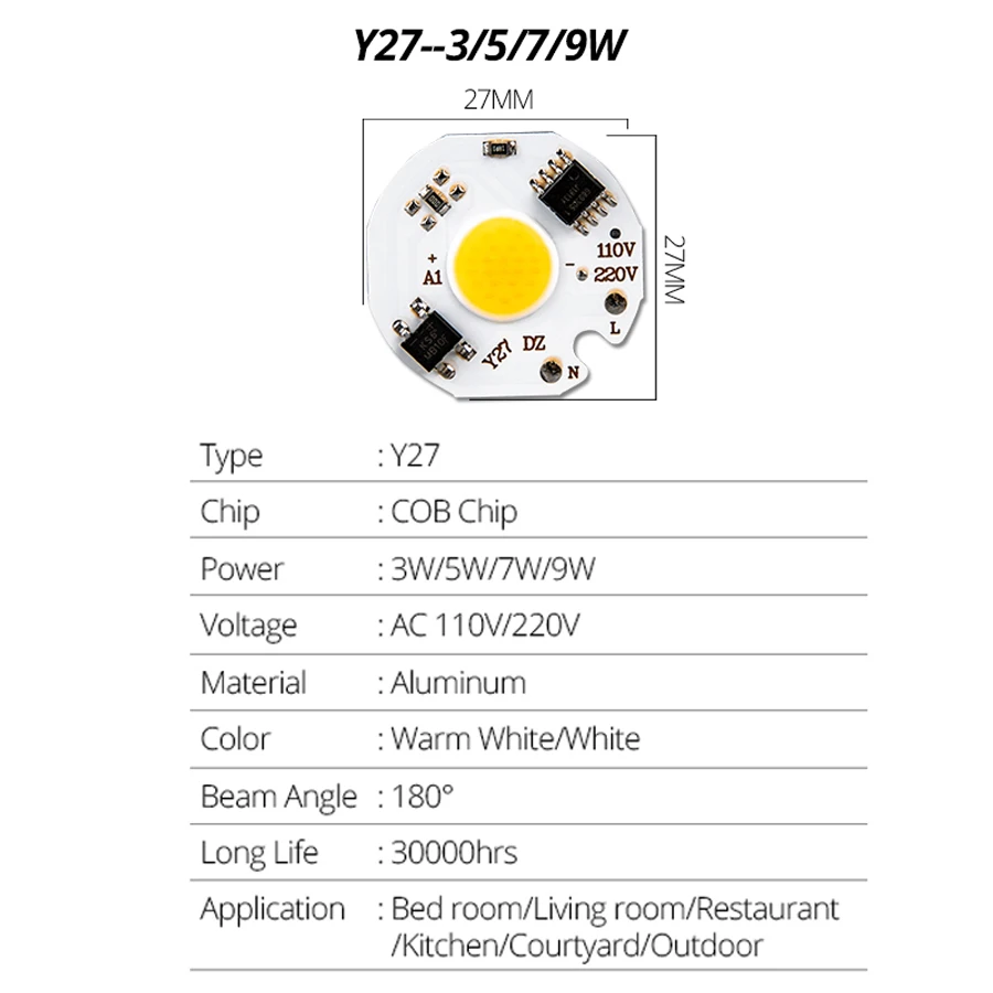 3 Вт, 5 Вт, 7 Вт, 9 Вт, COB светодиодный чип, 220 В, 110 В, холодный и теплый белый, Y27, Y32, бусина, COB чип, светодиодный, не нужен драйвер для прожектора, сделай сам