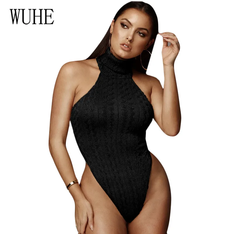 

WUHE Autumn Sexy Bodysuits Elegant High Collar Twist Knitting Sleeveless Jumpsuits Slim Overalls High Stretchy Solid Bodysuits