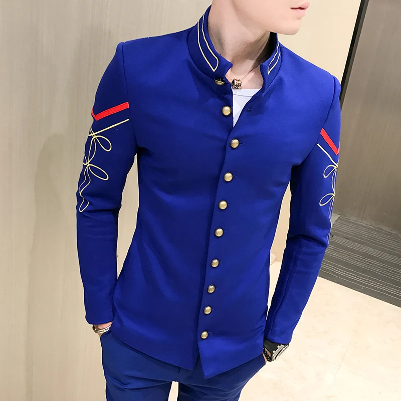 4 цвета Золотая пуговица Zhongshan костюм со стоячим воротником куртка модная вышивка принт мужской костюм куртка мульти-кнопка тонкий клубный блейзер