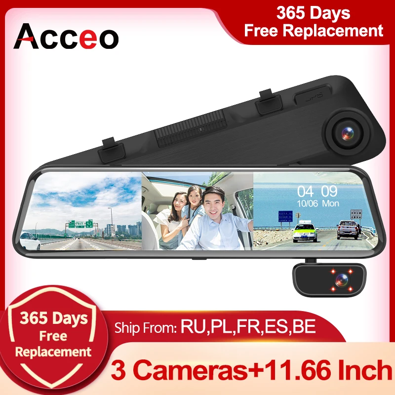 Acceo-Cámara de grabación con resolución 1080P para espejo retrovisor de coche, dispositivo grabador de vídeo DVR con pantalla táctil de 12 pulgadas, 1080P + 1080P, GPS, cámara trasera de visión nocturna, 3 lentes