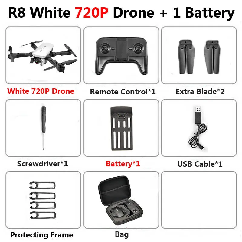 R8 1808 Дрон с двойной камерой 1080P 4K PX1600W HD WiFi FPV оптический поток Автоматическая красота RC Квадрокоптер вертолет XS816 SG106 - Цвет: 720P White 1B Bag