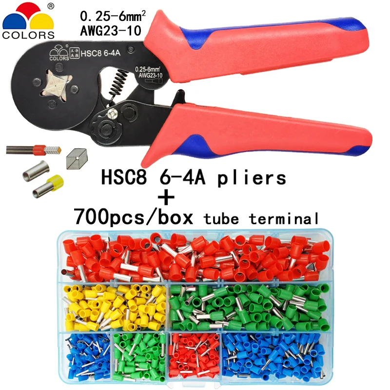 HSC8 6-4A 700tube Трубчатые обжимные инструменты Мини Электрические плоскогубцы HSC8 10SA 0,25-10mm2 23-7AWG 6-4A/6-6A 0,25-6mm2 Высокоточный набор зажимов - Цвет: HSC8 6-4A 700tube