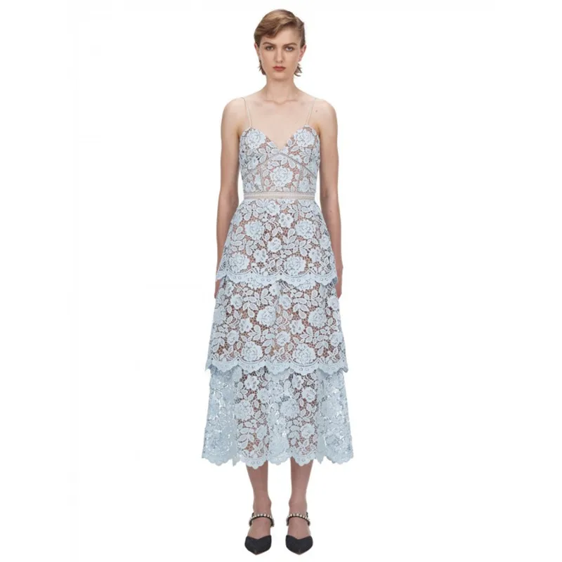 Light blue Blulocae/высококачественное летнее кружевное платье, женское сексуальное платье с v-образным вырезом, с открытой спиной, цветочное кружевное платье на бретельках, многослойные вечерние платья - Цвет: Light blue