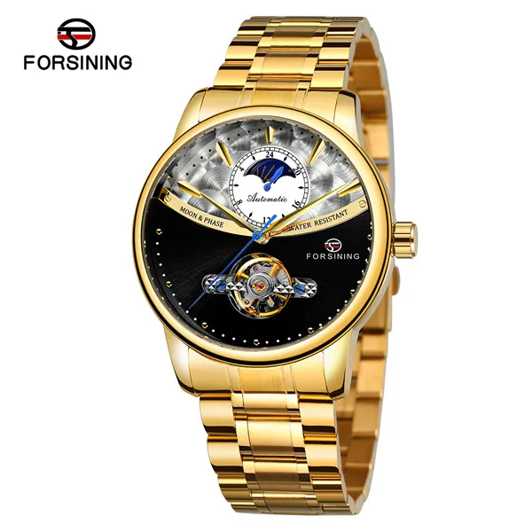 Forsining бренд механические Moon Phase стальной ремешок часы Tourbillon бизнес механические водонепроницаемые наручные часы Relogio - Цвет: gold black