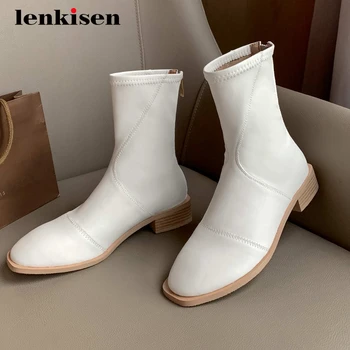 

Lenkisen new high quality microfiber winter shoes leisure brand round toe thick med heel back zipper beauty lady ankle boots L39
