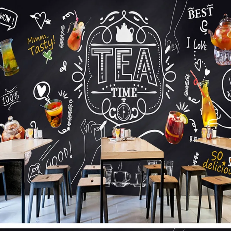 

Dropship Dropship Custom Hand Drawn Chalk Blackboard Fruit Tea Casual Bar Tea Shop Cafe Background Wall Tea Shop Mural